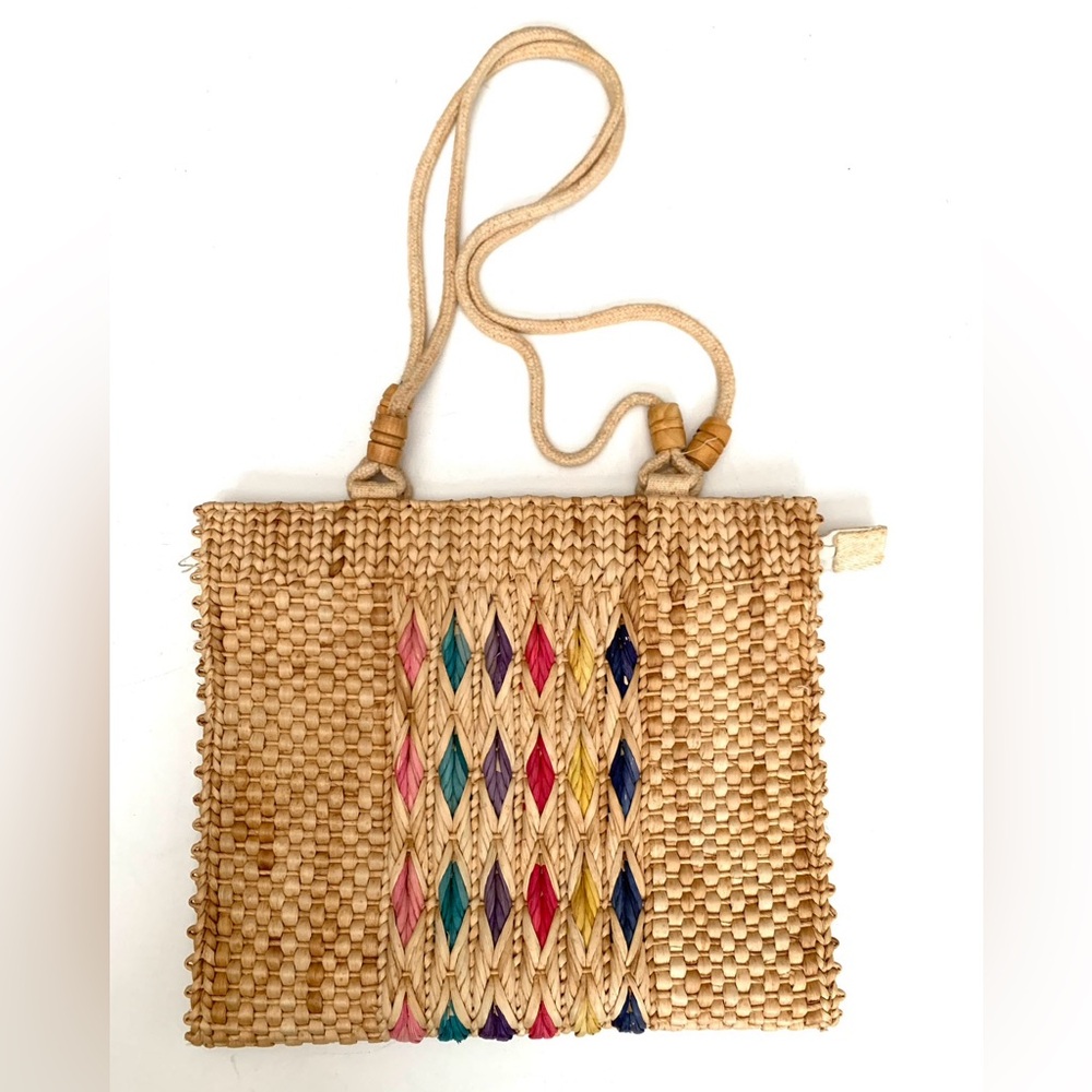 VTG 70s Boho Hippie Straw Woven Summer Square Tote Beach Handbag ~ Natural Color